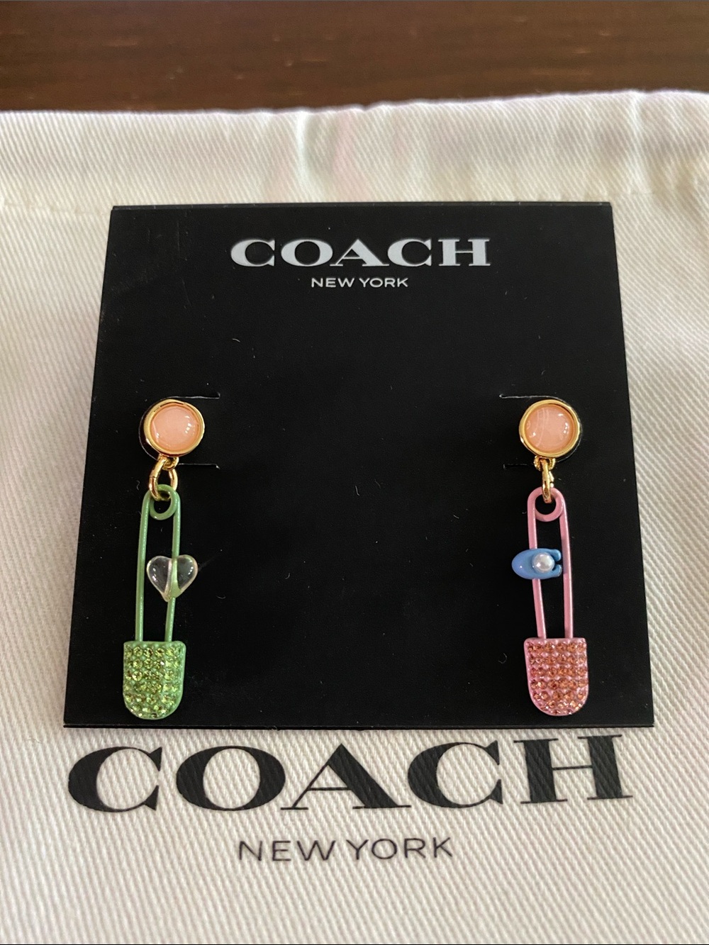 NWOT COACH Pink and Green Enamel Safety Pin Drop Earrings with Crystal Accents